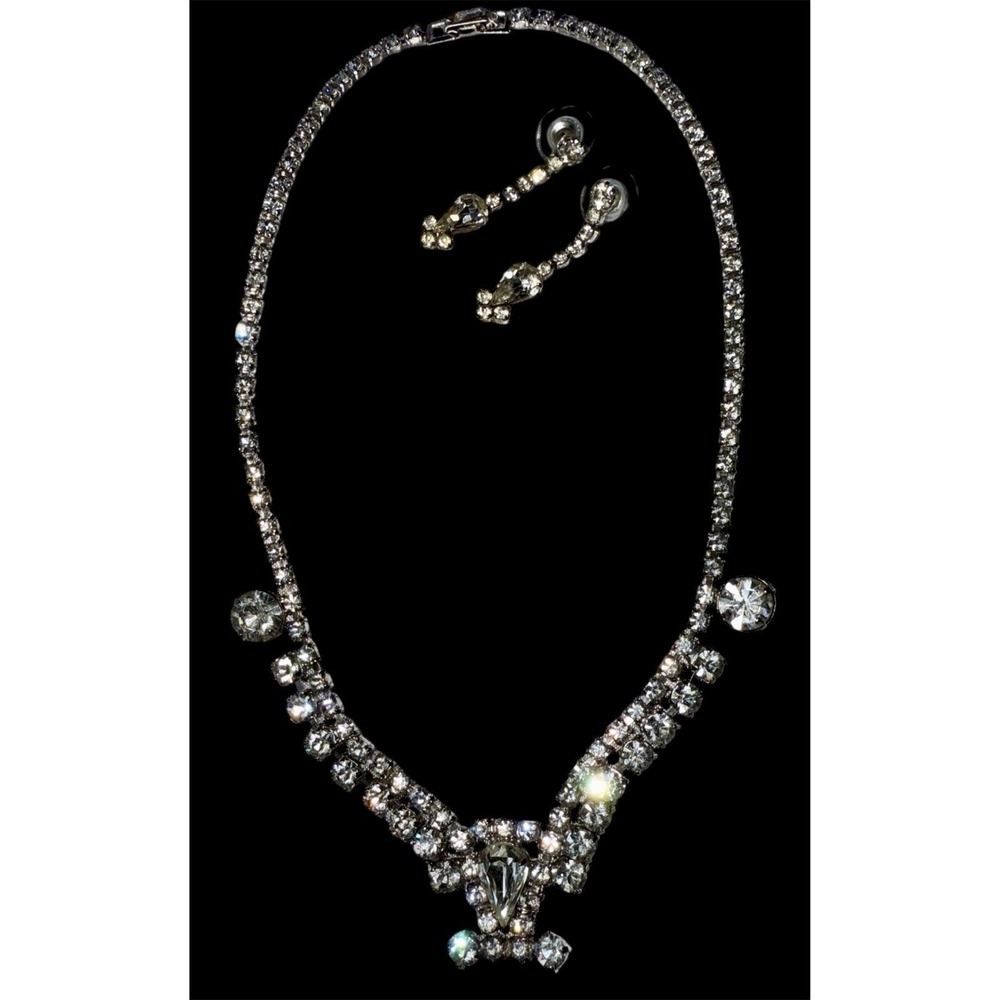 Vintage Rhinestone Necklace & Earrings Set – Sparkle Glam – One Missing Stone